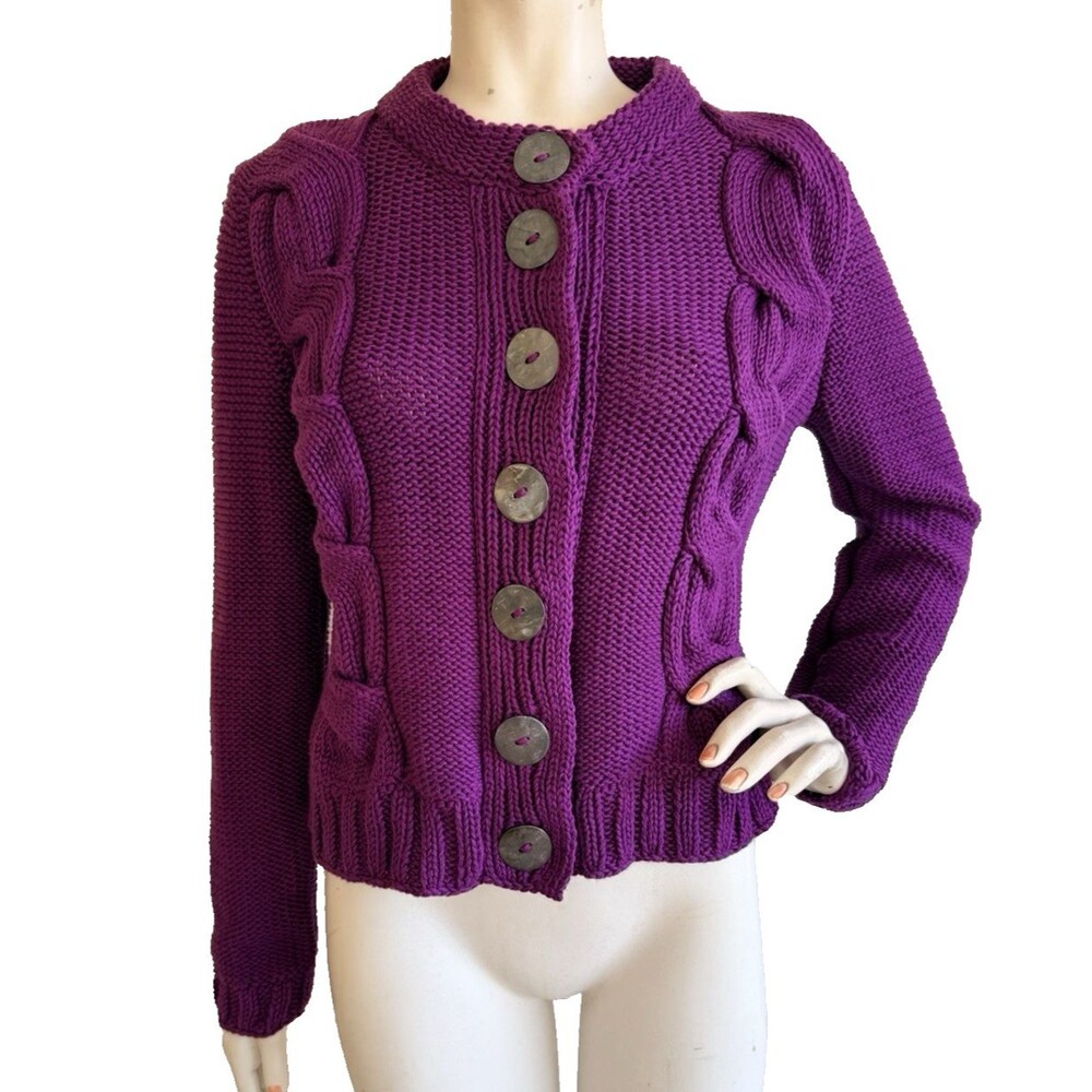 Pure Handknit for FRESH PRODUCE Cable Knit Purple Long Sleeve Cardigan Sweater S